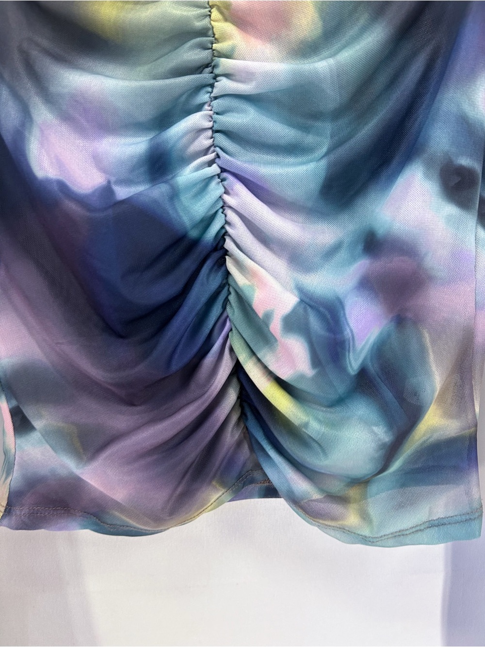 Urs Y2K Watercolor Space Mesh Sheer Long Sleeve Ruched Blouse Large - Picture 4 of 7